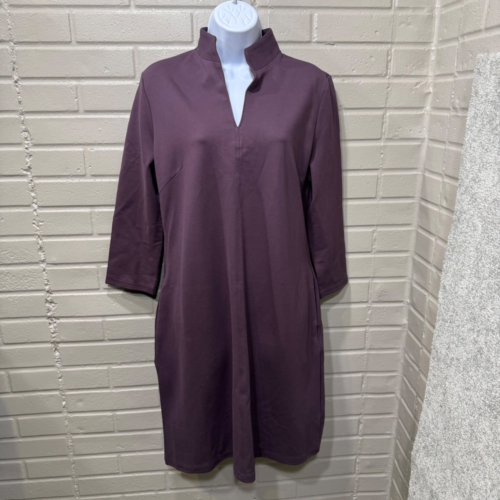 Quince Ultra Stretch Ponte Split Neck Mini Dress‎ Dark Orchid Purple Med NWT